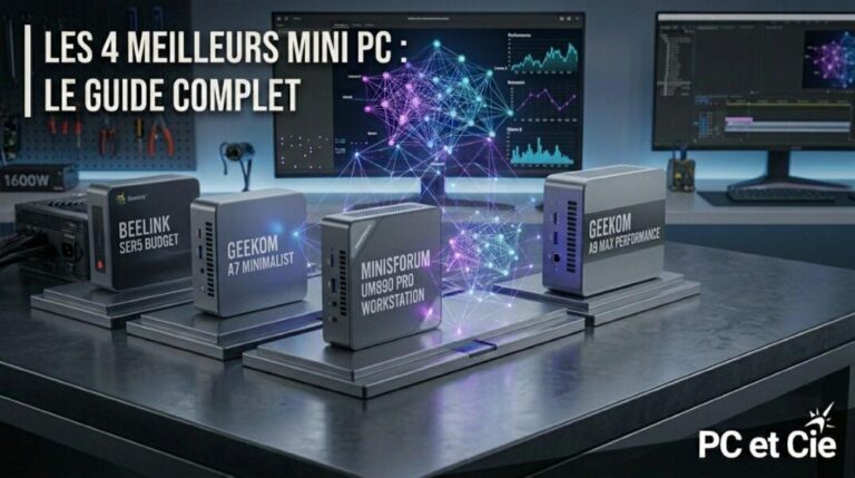 Comparatif des meilleurs mini PC 2026 Geekom, Minisforum et Beelink sur un bureau - Guide PC et Cie