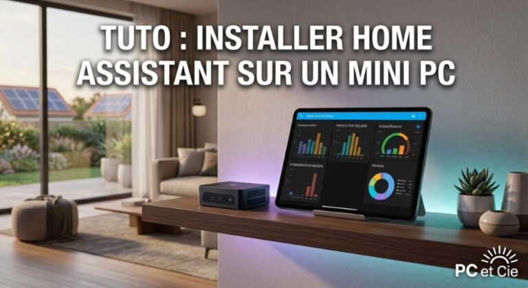 Mini PC affichant l'interface Home Assistant Énergie dans un salon moderne - Tuto PC et Cie