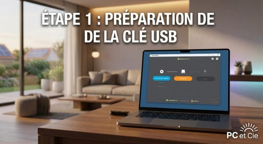 Mini PC affichant l'interface Home Assistant Énergie dans un salon moderne