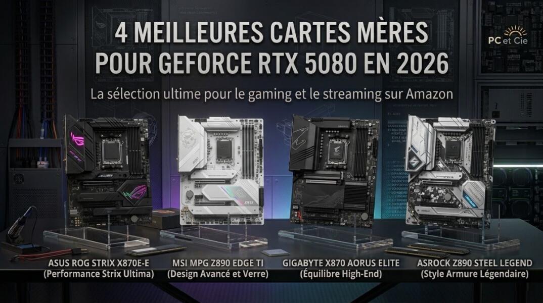 Comparatif des 4 meilleures cartes mères AM5 et LGA1851 pour carte graphique NVIDIA GeForce RTX 5080 sur une table de studio tech